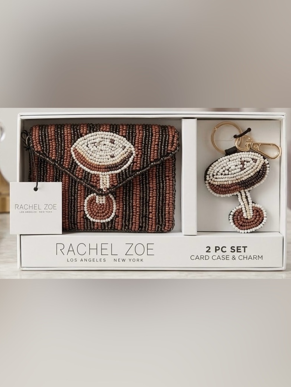 Rachel Zoe NWT Brown Expresso Beaded Card Case Holder Key Charm Boxed Gift Set